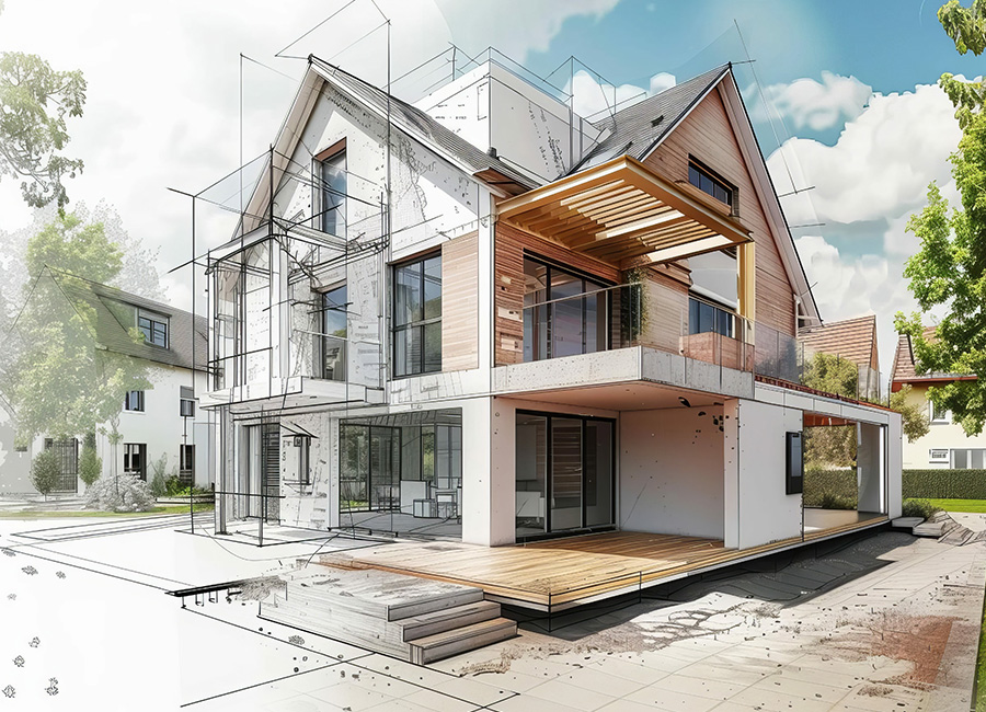 Construction d'une maison selon un plan, projection 3D